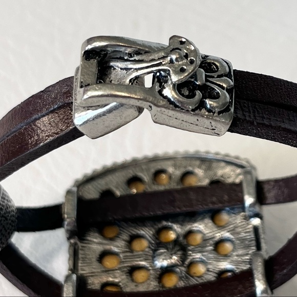 Vintage Leather Bracelet Silver Rhinestone Cross Yellow Crocodile - Picture 4 of 7